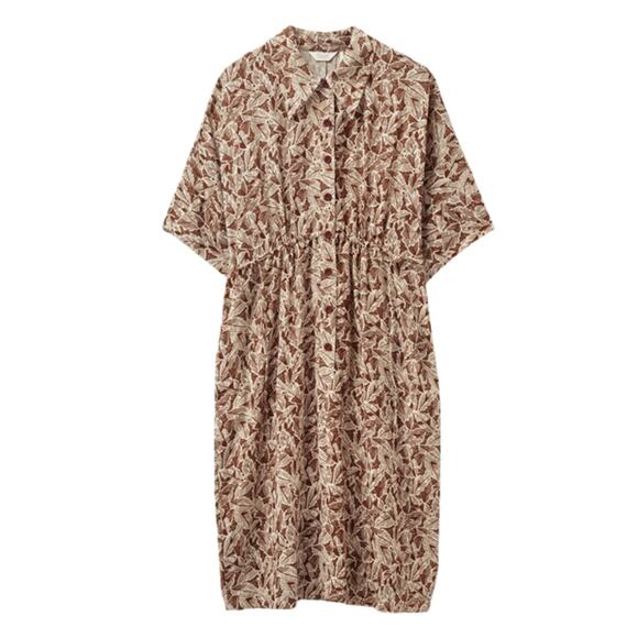 Toast Dress Crepe Leaf Print Dress Brown Beige Button Front Midi Dress Size XL - Picture 1 of 8
